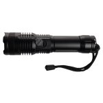 A rechargeable torch with a sleek black design and a textured grip, featuring a power button and a wrist strap.