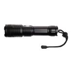 A rechargeable torch featuring a sleek black design, a textured grip, and a convenient lanyard.