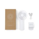 A white handheld fan with a USB charging cable and a phone holder, displayed with its packaging.