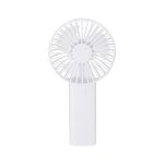 A portable white fan with a circular design and a handle. It includes a small logo on the side.