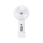 A portable white fan with a circular head and a handle, featuring a branding logo.