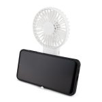 A portable white fan is attached to a smartphone, designed for convenience and ease of use.