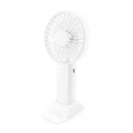 A portable white fan with a base, featuring a circular blade design and a power button.