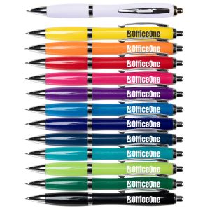 A variety of pens in multiple colours, including white, yellow, orange, pink, purple, blue, and green, with branding.