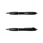 A black metal pen with silver accents and a clip, featuring a sleek design. The image displays two angles of the pen.