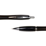 A black metal pen with a sleek design, featuring a silver clip and nib. The pen is displayed from two angles.