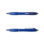 A blue metal pen with a sleek design and silver accents, featuring a clip and a ballpoint tip.