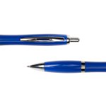 A blue metal pen featuring a shiny silver clip and tip, with a sleek design. It has a logo on the side.