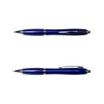 A blue metal pen, featuring a sleek design with chrome accents and a retractable tip.