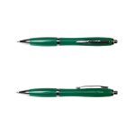 A green metal pen with a sleek design and chrome accents, featuring a clip and a pointed tip.
