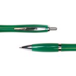 A green metal pen with a chrome clip and tip, showcasing a sleek and modern design.