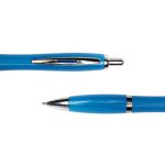 A blue plastic pen with a shiny silver clip and trim, showcasing its top and pointed ends.