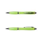 A green metal pen with a sleek design, featuring chrome accents and a clip for easy attachment.