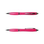A pink metal pen with a sleek design and silver accents, featuring a clip and a retractable tip.