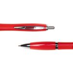 A metal pen in a bold red color with silver accents. The pen features a sleek design and a clip for easy attachment.