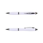 A white metal pen with chrome accents, featuring a sleek design and a push-button mechanism.