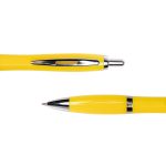 A metal pen in bright yellow with a chrome clip and tip, featuring a shiny finish.
