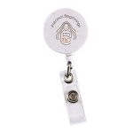 A retractable badge holder in white with speckles, featuring a clear plastic strap and a logo.