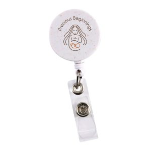 A retractable badge holder in white with speckles, featuring a clear plastic strap and a logo.