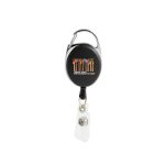 A black retractable ID badge holder with a clip and a clear badge attachment. It features a logo.