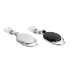 A Premium Retractable ID Badge Holder in black and white with a metal clip and a retractable cord for easy access.