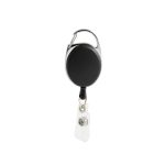 A Premium Retractable ID Badge Holder featuring a black circular reel with a silver clip and a clear badge attachment.