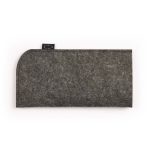 A gray felt pouch with a rounded edge and a tag, designed for holding sunglasses.