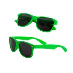 Green sunglasses with dark lenses, featuring a stylish design and a branded logo.