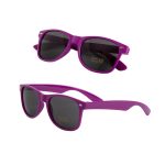 Purple sunglasses with dark lenses, featuring a logo on the side, displayed from two angles.