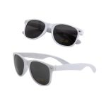 White sunglasses with dark lenses displayed from different angles. Includes a logo on the temple.