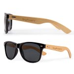 A pair of black sunglasses with bamboo arms and a logo on the side.