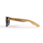 Bamboo sunglasses with black lenses and a natural bamboo arm featuring a logo on the side.