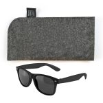 A pair of black sunglasses with dark lenses is displayed alongside a grey felt protective case.
