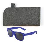 A pair of blue sunglasses accompanied by a gray protective case.