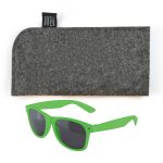 A pair of green sunglasses with dark lenses and a grey felt case.