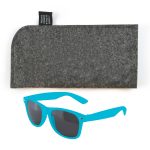 A pair of turquoise sunglasses accompanied by a gray felt case.