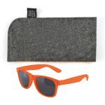 A pair of bright orange sunglasses with dark lenses next to a gray felt case.