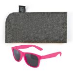 A pair of bright pink sunglasses accompanied by a gray felt pouch.
