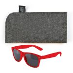 A pair of red sunglasses with dark lenses, accompanied by a gray felt carrying pouch.
