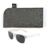 A pair of white sunglasses with gray lenses accompanied by a gray felt case.