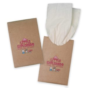 A packet of bamboo tissues in a light brown wrapper with a logo, featuring a white tissue peeking out.