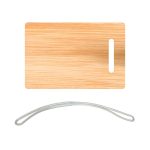 A bamboo luggage tag with a smooth, natural finish and a clear elastic loop.