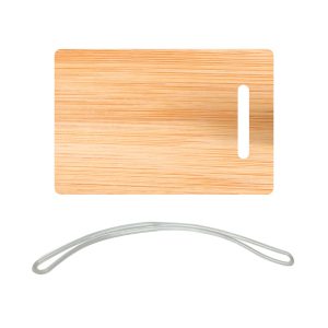 A bamboo luggage tag with a smooth, natural finish and a clear elastic loop.