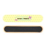 A bamboo nail file with a yellow and white polka dot design and a black filing surface. It features a logo.