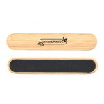 A bamboo nail file with a smooth surface and a dark grit side, featuring a branding logo.
