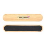 A bamboo nail file with a smooth side and a textured side, featuring a logo and a light natural wood colour.