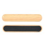 A bamboo nail file featuring a smooth wooden side and a textured black filing surface. It has a natural finish.