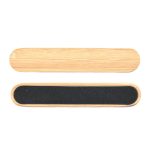A bamboo nail file featuring a smooth wooden side and a textured black sanding surface. It has a simple design.
