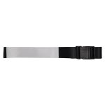 A luggage strap featuring a black adjustable buckle and a wide, reflective silver band for enhanced visibility.