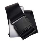 A black luggage strap with a secure adjustable buckle.